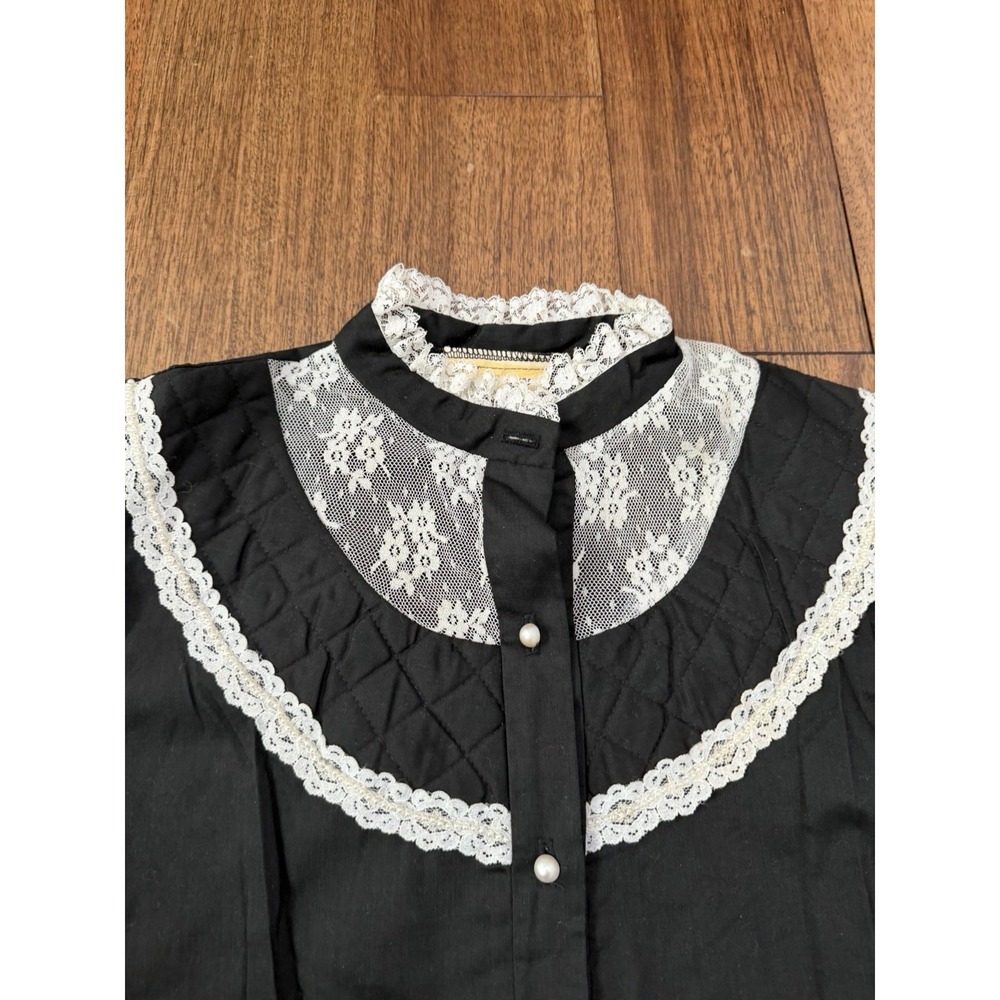 Vintage 70s Jeri Bee Black Prairie Shirt Lace Western Rockabilly Hippie Small - Picture 2 of 6